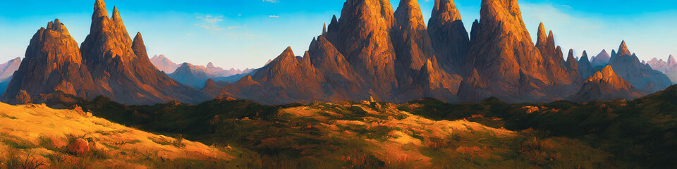Canvas Print - Beautiful fantasy mountain landscape. Panoramic.