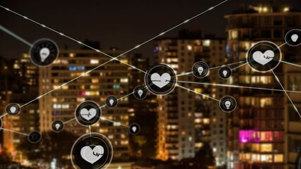 Canvas Print - Animation of network of digital icons against aerial view of tall buildings at night