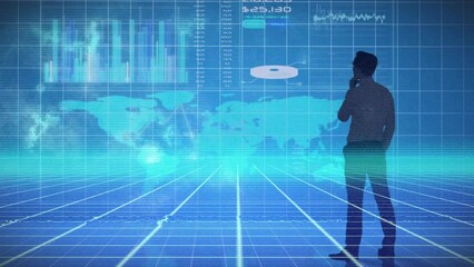 Poster - Animation of red abstract shapes over rear view of thoughtful businessman against data processing