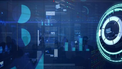 Poster - Animation of interface with data processing and round scanner over silhouettes of businesspeople
