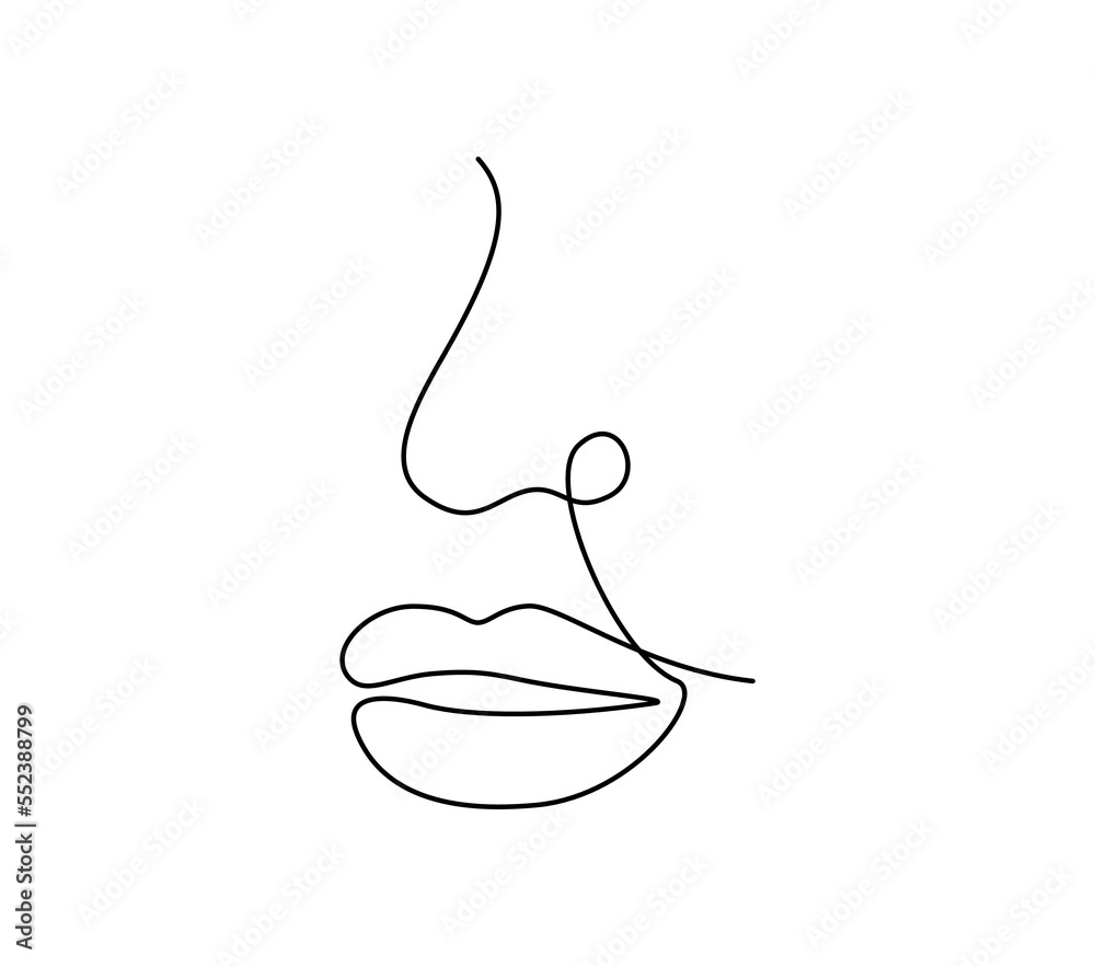 One continuous line drawing of mouth and lips. Outline face portrait of ...