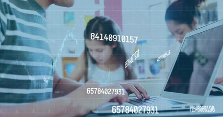 Poster - animation of numbers changing over caucasian man using laptop