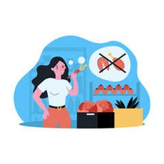 Wall Mural - Young woman switching to vegetarian lifestyle. Flat vector illustration. Girl choosing vegetables and plant-based diet instead of meat and fish. Vegetarianism, food concept