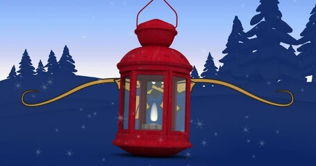 Wall Mural - Animation of snow falling over hanging red christmas lamp against winter landscape