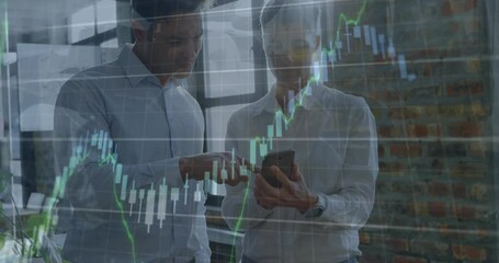 Poster - Animation of financial data processing over businessman and businesswoman discussing at office