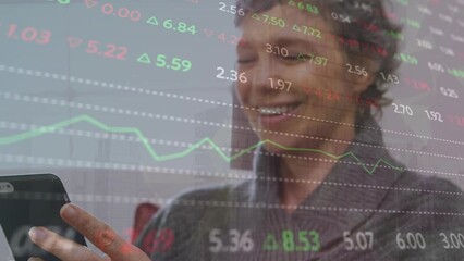 Poster - Animation of financial data processing over caucasian woman using smartphone