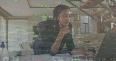 Poster - Animation of financial data processing over biracial businesswoman using laptop