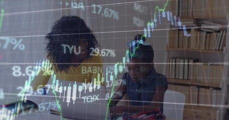 Poster - Animation of financial data processing over mother and daughter with laptop