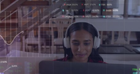 Poster - Animation of financial data processing over biracial woman with laptop