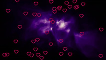 Poster - Animation of multiple red heart icons floating over purple digital waves against black background