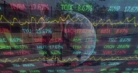 Poster - Animation of globe, financial data and graphs over diverse girls crossing street