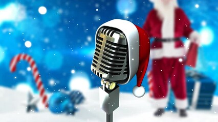 Canvas Print - Animation of snow falling over winter landscape with microphone and santa claus