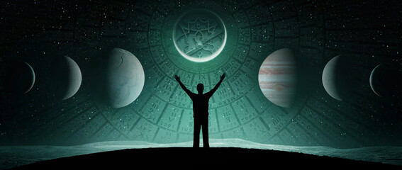 Wall Mural - man against background of starry sky, planet and ancient astronomical instruments. the concept on th