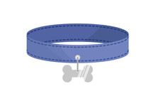 Blue Dog Collar With Silver Token In Form Of Bone. Pet Collar. Cartoon, Flat, Vector