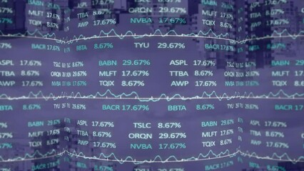 Poster - Animation of stock market data processing against aerial view of cityscape with shadow effect