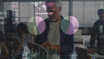 Poster - Animation of financial graphs and data over caucasian man working on tablet in office