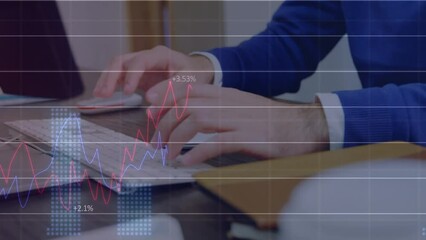 Poster - Animation of statistical data processing over mid section of businessman using computer at office
