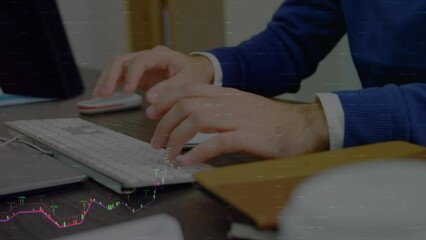 Poster - Animation of financial data processing over mid section of businessman using computer at office