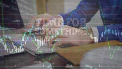 Poster - Animation of time for something text and financial data processing over businessman using computer