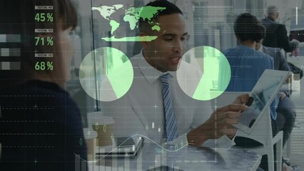 Poster - Animation of financial data and graphs over diverse businesspeople working together in office