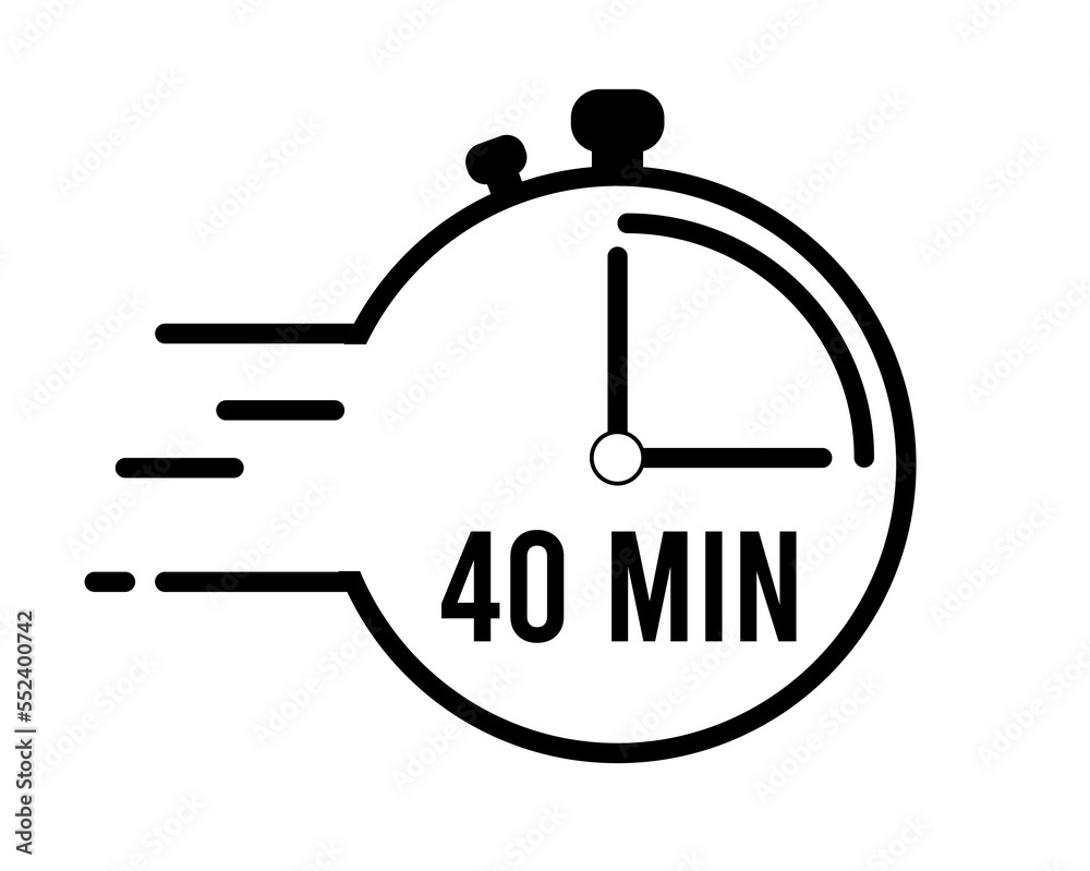 40 minutes clock alarm. Clock with pointer marking remaining time. Clock with speed of time in black and white vector