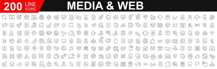 Big Set of 200 Media and Web icons. Icons business marketing e-commerce media contact icon. Set contact icons, communication sign with social media logos. Vector illustration.