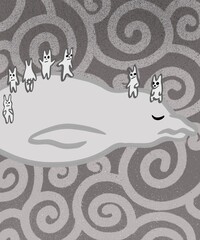 abstraction. a cute gray manatee swims, closing his eyes and carrying on his back a lot of white rabbits, around them there are light abstract curls. concept of calmness, fantasy and dreams