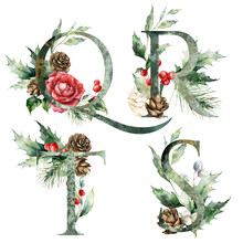 Watercolor Frolal Letters Set Of Q, P, T, S With Rose Flowers. Hand Painted Alphabet Symbols Of Plants Isolated On White Background. Holiday Illustration For Design, Print, Fabric Or Background.