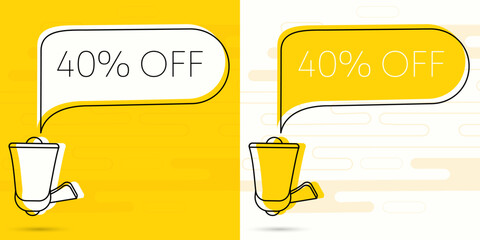Aufkleber - 40 percent off. Megaphone and colorful yellow speech bubble with quote. Blog management, blogging and writing for website. Concept poster for social networks, advertising, banner