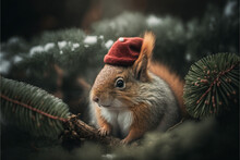 Adorable Squirrel Wearing Fluffy Santa Clause Hat On An Automn Bed Of Leaves And Snow,Generative AI.