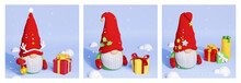 Christmas Scandinavian Gnome With Beard And Red Decorated Hat 3D Render Vertical Banner Set.