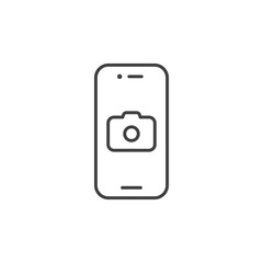 Smartphone with camera line icon. Mobile phone with photo sign for web design or business card. Vector outline element isolated on white