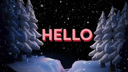 Sticker - Animation of hello over snow falling over winter night forest landscape