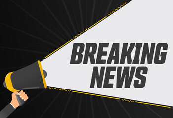 Poster - Breaking news. Megaphone in hand promotion banner. Promotional advertising, marketing speech or client support vector