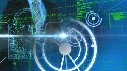 Poster - Animation of light trails over busienssman with data processing and padlock