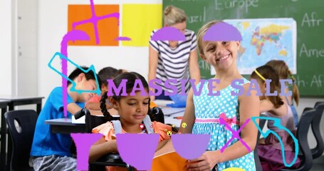 Poster - Animation of massive sale text and emoji icons over diverse schoolchildren