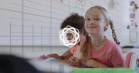 Poster - Animation of white shapes and data processing over diverse schoolchildren