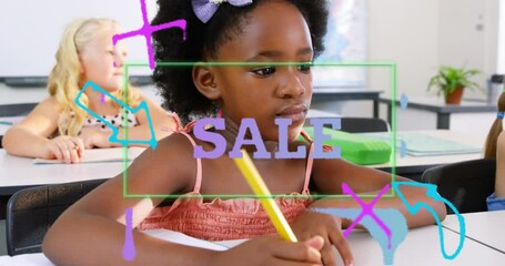 Poster - animation of sale text and shapes over diverse schoolchildren