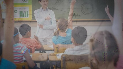 Wall Mural - Animation of digital screen over class of diverse teacher and pupils at school