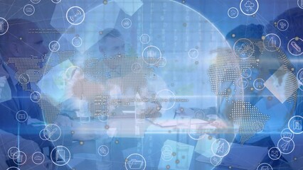 Poster - Animation of network of digital icons over world map and globe against businesspeople discussing