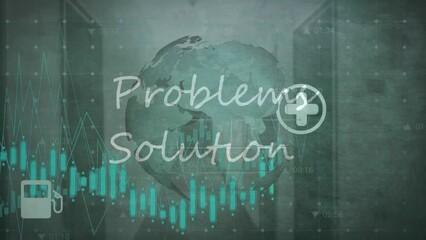 Poster - Animation of problems solutions text and data processing over spinning globe against grey background
