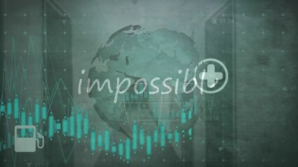 Poster - Animation of impossible text banner over financial data processing and digital icons over globe