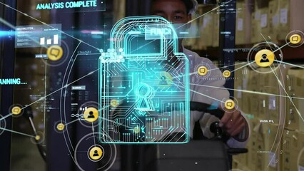 Poster - Animation of data processing over african american male worker showing thumbs up sitting in forklift