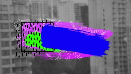Poster - Animation of vibrant colour smudges and white lines over cityscape