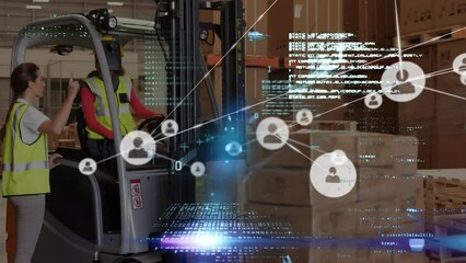 Poster - Animation of connections and data processing over people working in warehouse