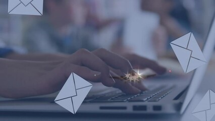 Poster - Animation of falling envelopes, cropped hands typing on keyboard on laptop against flying airplane