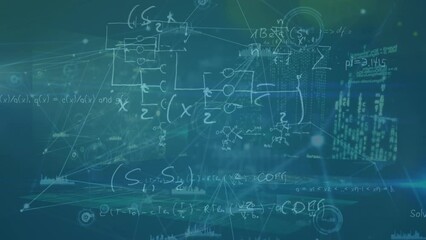 Poster - Animation of connected dots, graphs icons over mathematical equation against green background