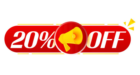 Aufkleber - Megaphone with 20 percent off on white background. Megaphone banner. Web design. Vector