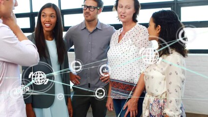 Poster - Animation of network of digital icons over diverse colleagues discussing together at office