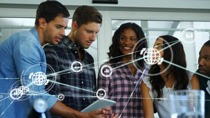 Poster - Animation of network of digital icons over diverse colleagues discussing together at office
